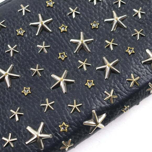 JIMMY CHOO Calfskin Leather Round Zip Wallet with Crystal Star Studs, Navy Bl... - Picture 8 of 11